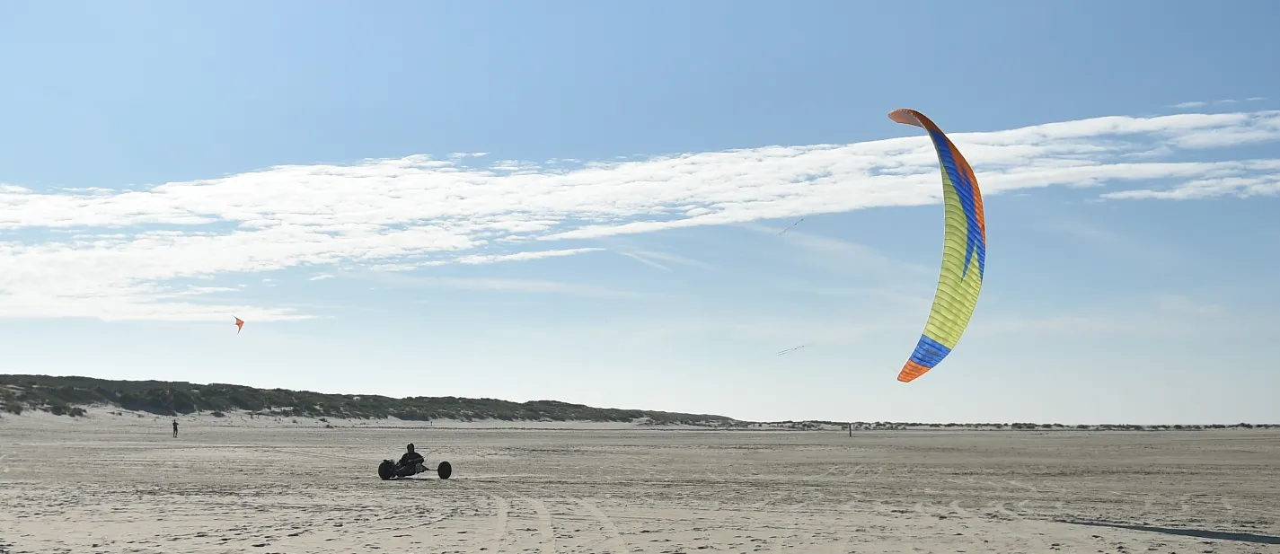 Kitebuggy met geel-blauwe kite voor de duinen